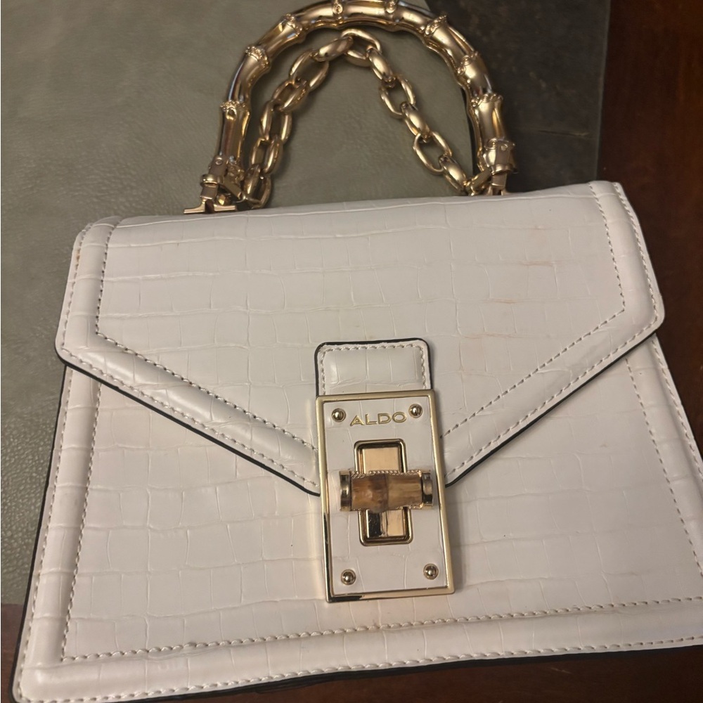 ALDO White Croc-Embossed Top Handle Satchel with Gold Chain